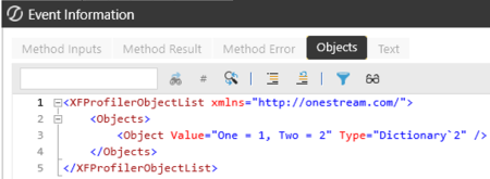 The BRApi.Profiler.LogObjects displays  in the Objects tab.
